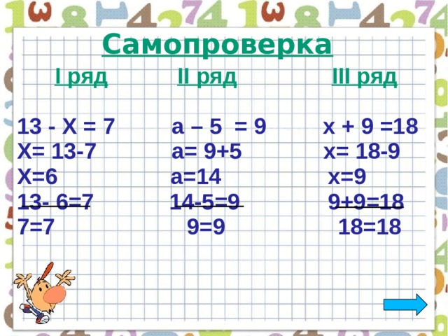 Самопроверка  І ряд  ІІ ряд  ІІІ ряд  13 - Х = 7 a – 5 = 9 х + 9 =18 Х= 13-7 а= 9+5 х= 18-9 Х=6 а=14 х=9 13- 6=7 14-5=9 9+9=18 7=7 9=9 18=18 