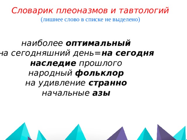 Словарик плеоназмов и тавтологий (лишнее слово в списке не выделено)  наиболее оптимальный на сегодняшний день= на сегодня наследие прошлого народный фольклор на удивление странно начальные азы 