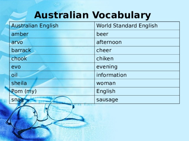 Australian Vocabulary  Australian English World Standard English amber beer arvo afternoon barrack cheer chook chiken evo evening oil information sheila woman Pom (my) English snag sausage 