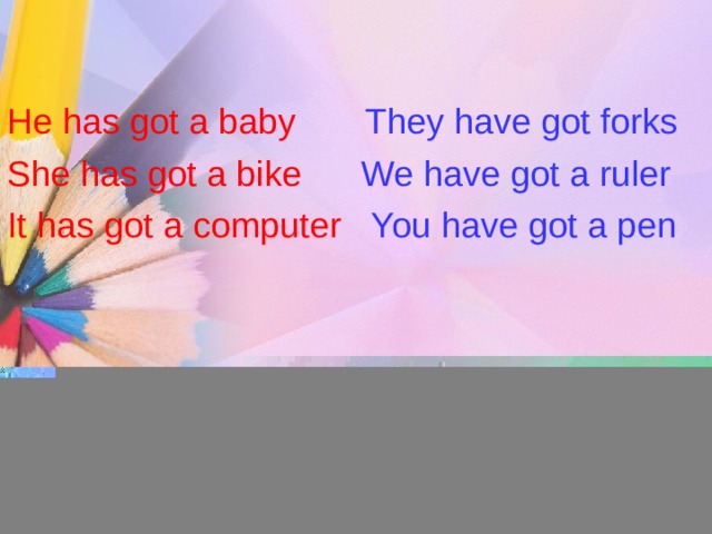 He has got a baby They have got forks She has got a bike We have got a ruler It has got a computer  You have got a pen  