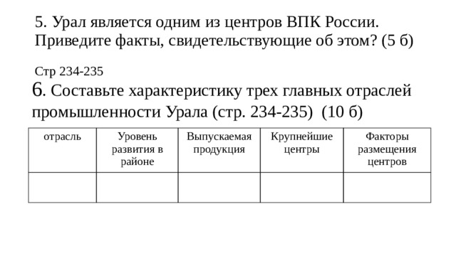 5. Урал является одним из центров ВПК России. Приведите факты, свидетельствующие об этом? (5 б) Стр 234-235 6 . Составьте характеристику трех главных отраслей промышленности Урала (стр. 234-235) (10 б) отрасль Уровень развития в районе Выпускаемая продукция Крупнейшие центры Факторы размещения центров 
