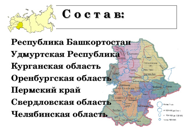 С о с т а в: Республика Башкортостан Удмуртская Республика Курганская область Оренбургская область Пермский край Свердловская область Челябинская область 