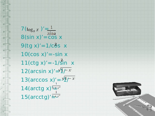 7( )’= 8(sin x)’=cos x 9(tg x)’=1/cos x 10(cos x)’=-sin x 11(ctg x)’=-1/sin x 12(arcsin x)’=1/ 13(arccos x)’=-1/ 14(arctg x)’= 15(arcctg)’=- 