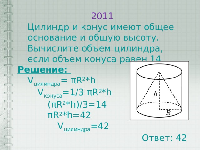 2011 Цилиндр и конус имеют общее основание и общую высоту. Вычислите объем цилиндра, если объем конуса равен 14. Решение: V цилиндра = πR 2 *h V конуса =1/3 πR 2 *h (πR 2 *h)/3=14 πR 2 *h=42 V цилиндра =42 Ответ: 42 