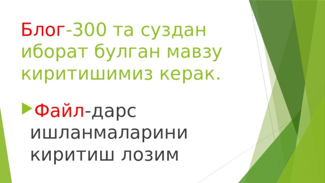 Блог -300 та суздан иборат булган мавзу киритишимиз керак.   Файл -дарс ишланмаларини киритиш лозим 