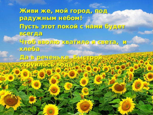 Живи же, мой город, под радужным небом! Пусть этот покой с нами будет всегда Чтоб вволю хватило и света, и хлеба Да в реченьке Быстрой струилась вода!  