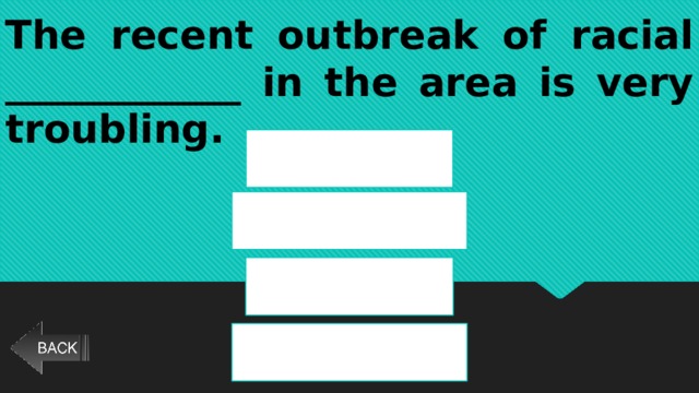 The recent outbreak of racial ____________ in the area is very troubling. violate violence violent violently