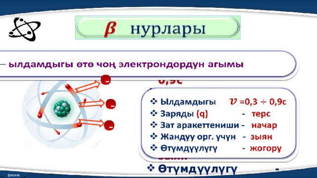   – ылдамдыгы өтө чоң электрондордун агымы   - Ылдамдыгы  =0,3 0,9с Заряды  (q) -  терс Зат аракеттениши - начар Жандуу орг. үчүн - зыян Өтүмдүүлүгү  -  жогору   - - физика 