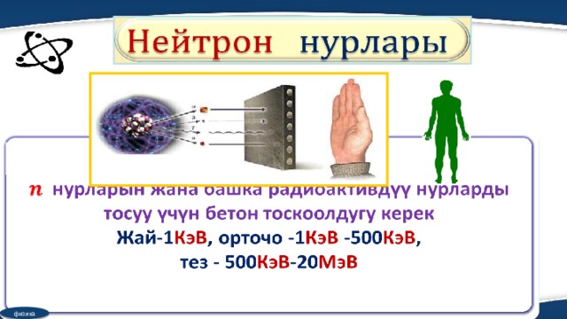   нурларын жана башка радиоактивдүү нурларды тосуу үчүн бетон тоскоолдугу керек   Жай-1 КэВ , орточо -1 КэВ -500 КэВ , тез - 500 КэВ -20 МэВ физика 