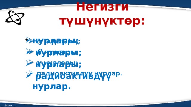 Негизги түшүнүктөр: нурлары;  нурлары;  нурлары;  радиоактивдүү нурлар.     физика 