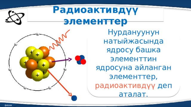 Радиоактивдүү элементтер Нурдануунун натыйжасында ядросу башка элементтин ядросуна айланган элементтер, радиоактивдүү деп аталат. физика  