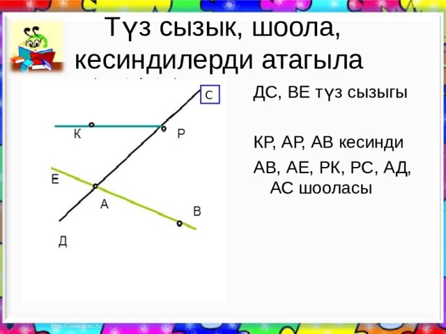 Түз сызык, шоола, кесиндилерди атагыла ДС, ВЕ түз сызыгы КР, АР, АВ кесинди АВ, АЕ, РК, РС, АД, АС шооласы С 