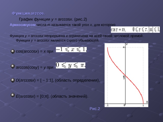 Область определения минуса. Функция y Arccos x ее свойства и график. Свойства функции y=arccosx. График функции y Arccos x. Функция y Arccos 2x.