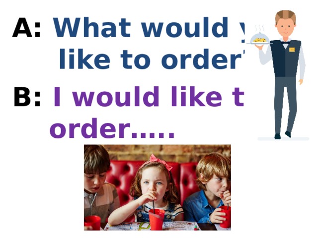 А: What would you  like to order? В: I would like to  order….. 