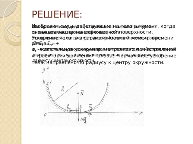 РЕШЕНИЕ: Изобразим силы, действующие на тело в момент, когда оно оказывается на шероховатой поверхности.   Ускорение тела а  в рассматриваемый момент времени равно: =+. а τ - касательное ускорение, направлено по касательной к траектории движения тела, а n - нор­мальное ускорение тела, направлено по радиусу к центру окружности. 