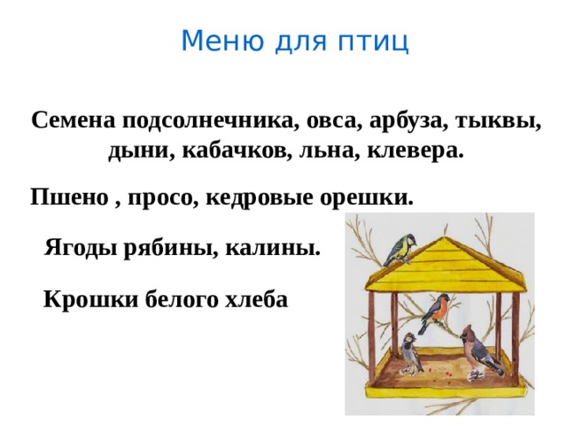 Меню для птиц Семена подсолнечника, овса, арбуза, тыквы, дыни, кабачков, льна, клевера. Пшено , просо, кедровые орешки. Ягоды рябины, калины. Крошки белого хлеба 