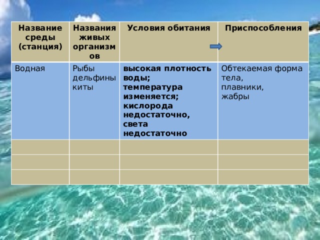 Название среды (станция) Названия живых организмов Водная Условия обитания Рыбы Приспособления дельфины высокая плотность воды; Обтекаемая форма тела, киты температура изменяется; кислорода недостаточно, плавники, света недостаточно жабры 