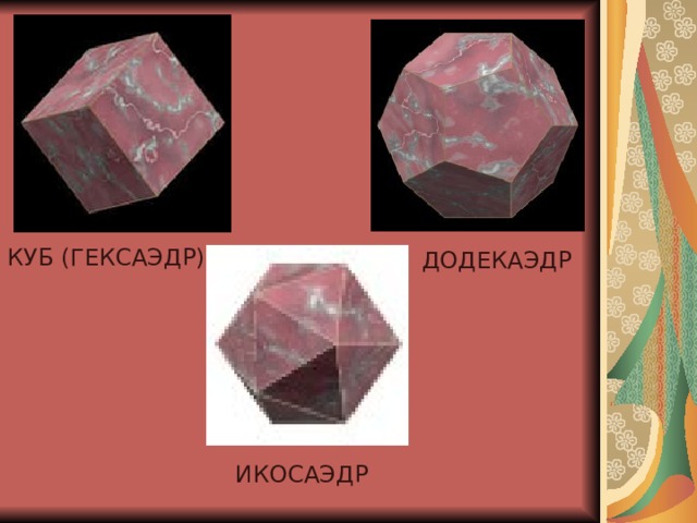 КУБ (ГЕКСАЭДР)  ДОДЕКАЭДР ИКОСАЭДР  