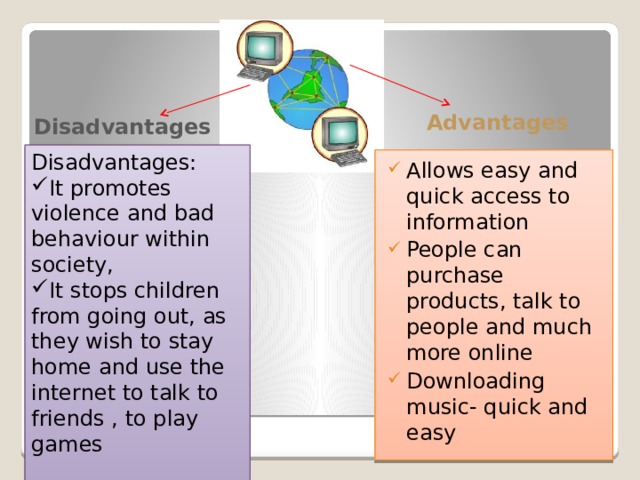 Advantages Disadvantages Disadvantages: It promotes violence and bad behaviour within society, It stops children from going out, as they wish to stay home and use the internet to talk to friends , to play games Allows easy and quick access to information People can purchase products, talk to people and much more online Downloading music- quick and easy 