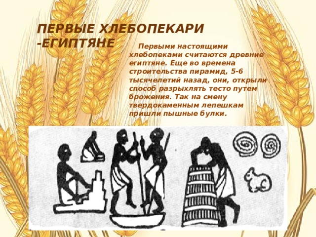 ПЕРВЫЕ ХЛЕБОПЕКАРИ -ЕГИПТЯНЕ Первыми настоящими хлебопеками считаются древние египтяне. Еще во времена строительства пирамид, 5-6 тысячелетий назад, они, открыли способ разрыхлять тесто путем брожения. Так на смену твердокаменным лепешкам пришли пышные булки. 