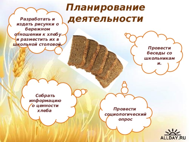 Планирование деятельности Разработать и издать рисунки о бережном отношении к хлебу и разместить их в школьной столовой. Провести беседы со школьниками.   Собрать информацию о ценности хлеба Провести социологический опрос 