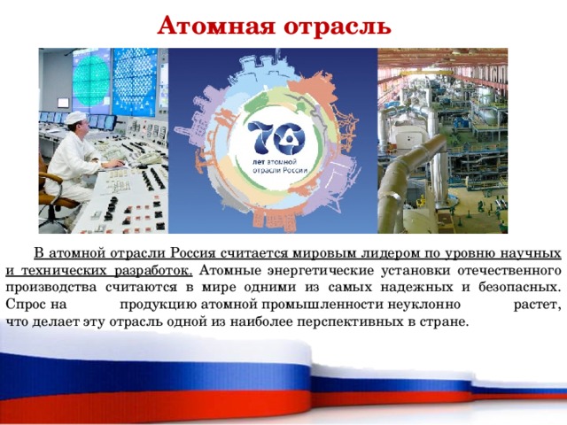 Атомная отрасль  В атомной отрасли Россия считается мировым лидером по уровню научных и технических разработок. Атомные энергетические установки отечественного производства считаются в мире одними из самых надежных и безопасных. Спрос на продукцию атомной промышленности неуклонно растет, что делает эту отрасль одной из наиболее перспективных в стране. 