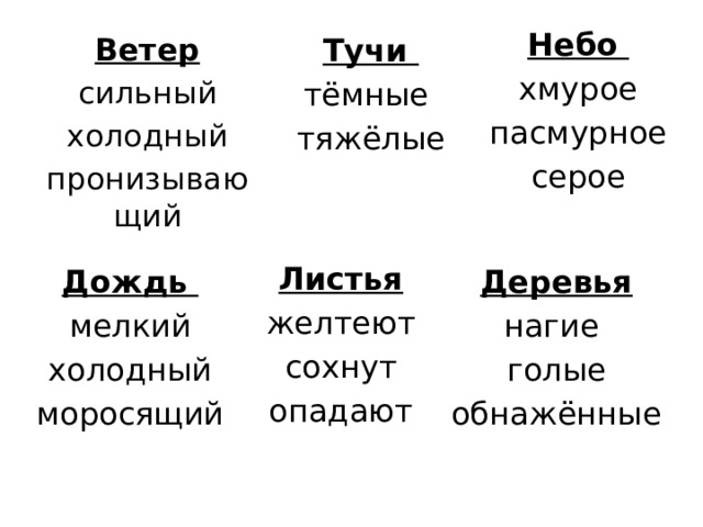 Небо хмурое пасмурное серое  Ветер сильный холодный пронизывающий  Тучи тёмные тяжёлые  Листья желтеют сохнут опадают  Деревья Дождь мелкий нагие холодный голые моросящий обнажённые   