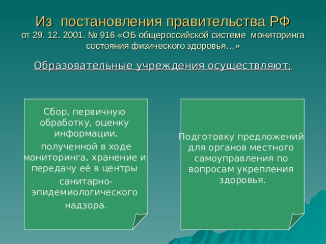 Из постановления правительства РФ  от 29. 12. 2001. № 916 «ОБ общероссийской системе мониторинга состояния физического здоровья…»   Образовательные учреждения осуществляют: Сбор, первичную  обработку, оценку  информации,  полученной в ходе  мониторинга, хранение и  передачу её в центры санитарно-  эпидемиологического надзора. Подготовку предложений  для органов местного  самоуправления по  вопросам укрепления  здоровья. 