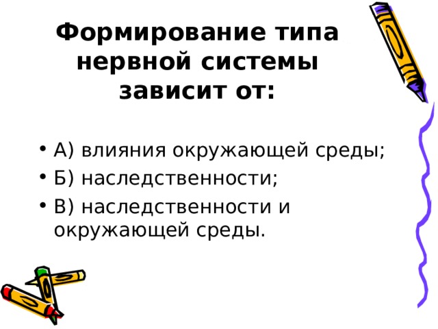 Формирование типа нервной системы зависит от: 