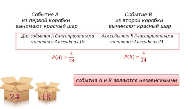 Событие А из первой коробки  вынимают красный шар Событие B  из второй коробки  вынимают красный шар события A и B являются независимыми 