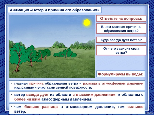 Анимация «Ветер и причина его образования» Ответьте на вопросы: В чем главная причина образования ветра? Куда всегда дует ветер? От чего зависит сила ветра? Формулируем выводы: главная причина образования ветра – разница в атмосферном давлении над разными участками земной поверхности; ветер всегда дует из области с высоким давлением к областям с более низким атмосферным давлением; чем больше разница в атмосферном давлении, тем сильнее ветер. 