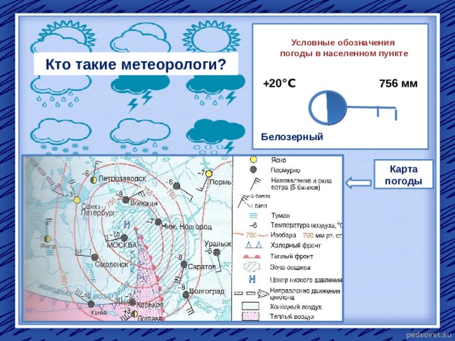 Условные обозначения погоды в населенном пункте Кто такие метеорологи? +20 °С 756 мм Белозерный Карта погоды 
