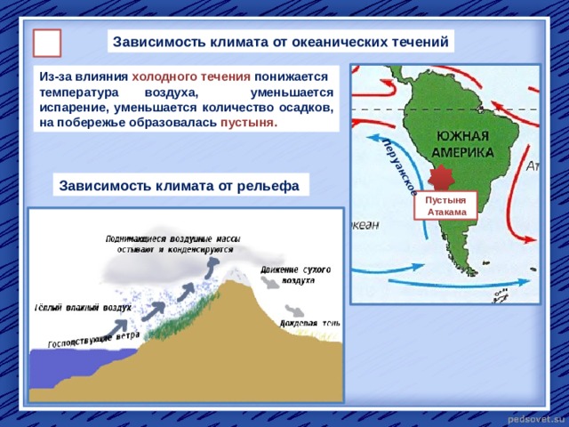 Бразильское течение. Влияние течений на климат. Зависимость климата от океанических течений. Перуанское Холодное течение. Влияние течений на климат материков.