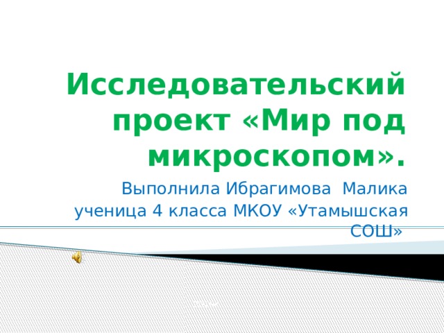  Исследовательский проект «Мир под микроскопом». Выполнила Ибрагимова Малика ученица 4 класса МКОУ «Утамышская СОШ» 2019г.  