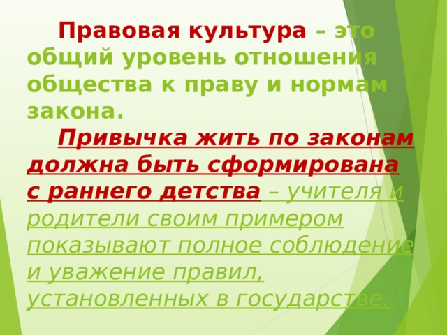  Правовая культура – это общий уровень отношения общества к праву и нормам закона.   Привычка жить по законам должна быть сформирована с раннего детства  – учителя и родители своим примером показывают полное соблюдение и уважение правил, установленных в государстве. 