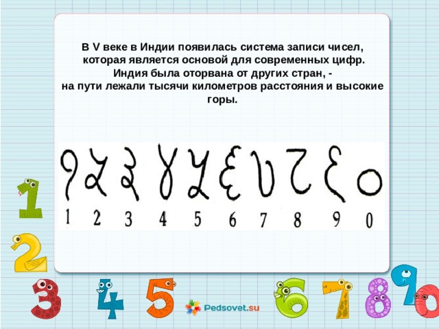 В V веке в Индии появилась система записи чисел,  которая является основой для современных цифр.  Индия была оторвана от других стран, - на пути лежали тысячи километров расстояния и высокие горы. 