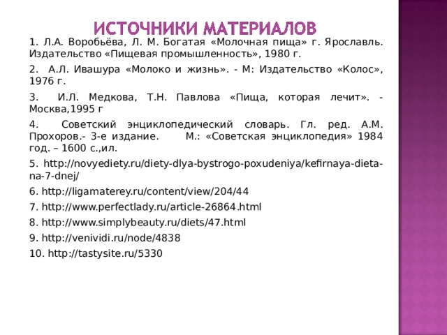 1.  Л.А. Воробьёва, Л.  М. Богатая «Молочная пища» г. Ярославль. Издательство «Пищевая промышленность», 1980 г. 2. А.Л. Ивашура «Молоко и жизнь». - М: Издательство «Колос», 1976 г. 3. И.Л. Медкова, Т.Н. Павлова «Пища, которая лечит». - Москва,1995 г 4. Советский энциклопедический словарь. Гл. ред. А.М. Прохоров.- 3-е издание. М.: «Советская энциклопедия» 1984 год. – 1600 с.,ил. 5.  http://novyediety.ru/diety-dlya-bystrogo-poxudeniya/kefirnaya-dieta-na-7-dnej/ 6. http://ligamaterey.ru/content/view/204/44 7. http://www.perfectlady.ru/article-26864.html 8. http://www.simplybeauty.ru/diets/47.html 9. http:// venividi.ru/node/4838 10. http:// tastysite.ru/5330 