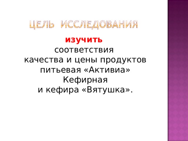  изучить  соответствия  качества и цены продуктов питьевая «Активиа» Кефирная  и кефира «Вятушка». 