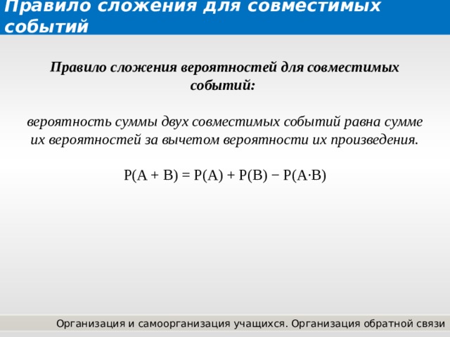 Правило сложения для совместимых событий Правило сложения вероятностей для совместимых событий:    вероятность суммы двух совместимых событий равна сумме их вероятностей за вычетом вероятности их произведения.  P(A + B) = P(A) + P(B) − P(A·B) Визуализация решения – последовательно щелчок мышки по пустому полю слайда. Организация и самоорганизация учащихся. Организация обратной связи  
