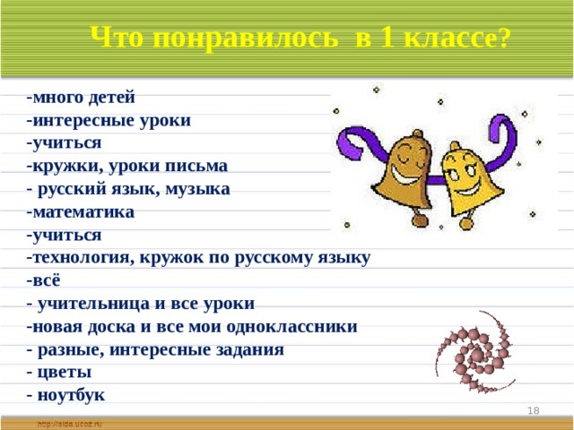  Что понравилось в 1 класс е? -много детей -интересные уроки -учиться -кружки, уроки письма - русский язык, музыка -математика -учиться -технология, кружок по русскому языку -всё - учительница и все уроки -новая доска и все мои одноклассники - разные, интересные задания - цветы - ноутбук  
