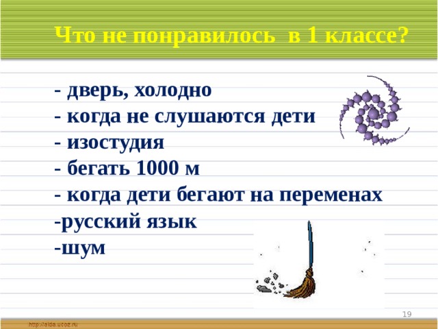 Что не понравилось в 1 классе? - дверь, холодно - когда не слушаются дети - изостудия - бегать 1000 м - когда дети бегают на переменах -русский язык -шум  