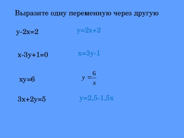 2х у 3 х через у. Выразить одну переменную через другую. Выразить переменную у через переменную х из уравнения. Выразить одну переменную через другую 7 класс. Выразить x из уравнения.
