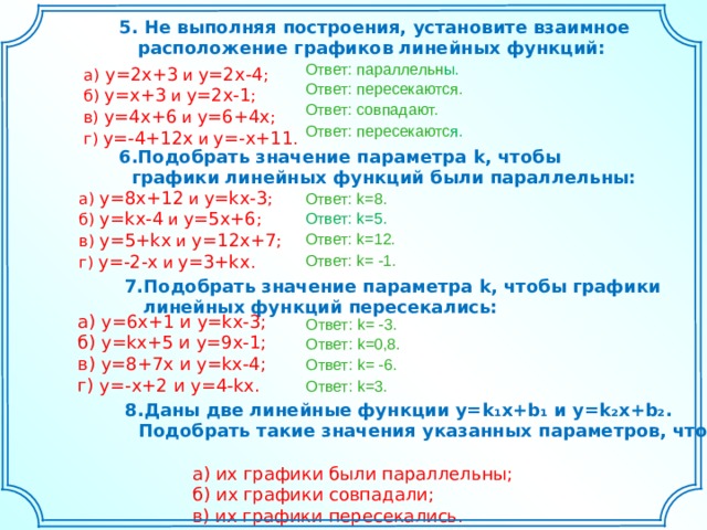 5. Не выполняя построения, установите взаимное  расположение графиков линейных функций: Ответ: параллельн ы. а)  y=2x+3  и y=2x-4 ; б) y=x+3  и  y=2x-1 ; в) y=4x+6  и y=6+4x ; г) y=-4+12x  и y=-x+11 . Ответ: пересекаются. Ответ: совпадают. Ответ: пересекаютс я. 6.Подобрать значение параметра k , чтобы  графики линейных функций были параллельны: а) y=8x+12  и y=kx-3 ; б) y=kx-4 и y=5x+6 ; в) y=5+kx  и  y=12x+7 ; г) y=-2-x и y=3+kx . Ответ: k=8 . Ответ: k=5 . Ответ: k=12 . Ответ: k= -1 . 7.Подобрать значение параметра k , чтобы графики  линейных функций пересекались: а) y=6x+1  и  y=kx-3 ; б) y=kx+5  и y=9x-1 ; в) y=8+7x  и  y=kx-4 ; г) y=-x+2 и y=4-kx . Ответ: k= -3 . Ответ: k=0,8 . Ответ: k= -6 . Ответ: k=3 .  8.Даны две линейные функции y=k₁x+b₁ и y=k₂x+b₂ .  Подобрать такие значения указанных параметров, чтобы:    а) их графики были параллельны;  б) их графики совпадали;  в) их графики пересекались. 