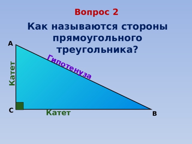 Гипотенуза Катет Вопрос 2 Как называются стороны прямоугольного треугольника? А C  Катет B 