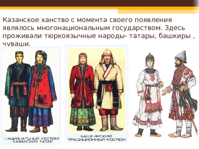 Казанское ханство с момента своего появления являлось многонациональным государством. Здесь проживали тюркоязычные народы- татары, башкиры , чуваши. 