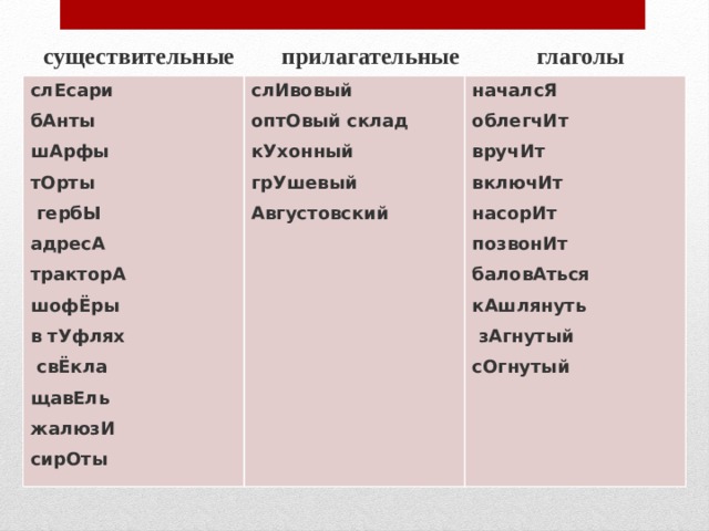 Кашлянуть ударение правило. Глаголы и прилагательные. Существительные и прилагательные. Словарь существительных.