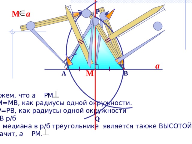 P М a a М В А Докажем, что а РМ АМ=МВ, как радиусы одной окружности. АР=РВ, как радиусы одной окружности  АРВ р/б 3. РМ медиана в р/б треугольнике является также ВЫСОТОЙ.  Значит, а РМ. Q 