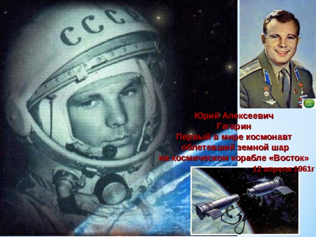 Юрий Алексеевич Гагарин Первый в мире космонавт  облетевший земной шар  на космическом корабле «Восток» 12 апреля 1961г 