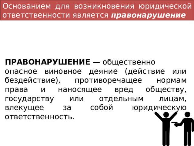 Основанием для возникновения юридической ответственности является  правонарушение ПРАВОНАРУШЕНИЕ  —  общественно опасное виновное деяние (действие или бездействие), противоречащее нормам права и наносящее вред обществу, государству или отдельным лицам, влекущее за собой юридическую ответственность. 