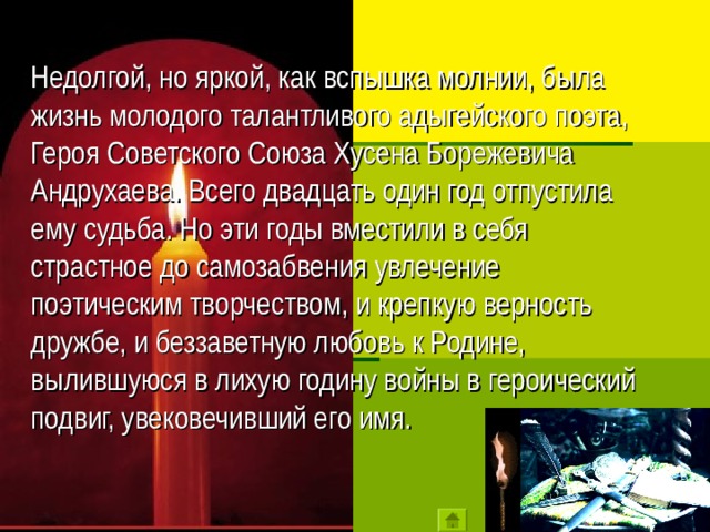 Недолгой, но яркой, как вспышка молнии, была жизнь молодого талантливого адыгейского поэта, Героя Советского Союза Хусена Борежевича Андрухаева. Всего двадцать один год отпустила ему судьба. Но эти годы вместили в себя страстное до самозабвения увлечение поэтическим творчеством, и крепкую верность дружбе, и беззаветную любовь к Родине, вылившуюся в лихую годину войны в героический подвиг, увековечивший его имя.   